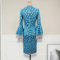 Ladies Blue Bodycon Elegant Dress with White Print Polka Dot Midi Flare Sleeve Lace Round Neck 2020 Spring Summer Office Dress